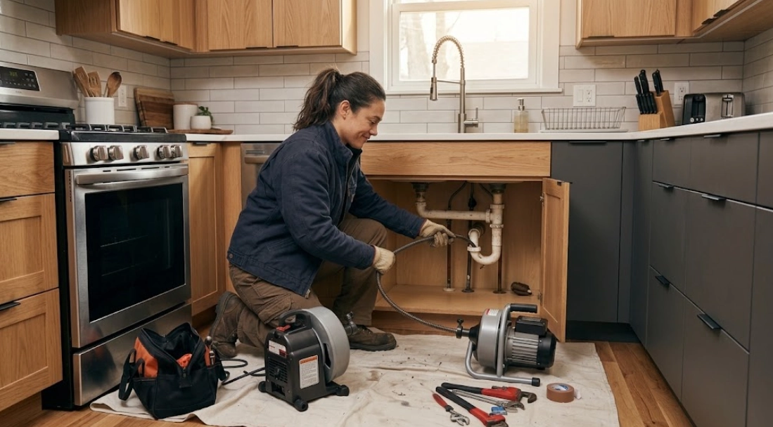 Plumber using electric drum machine for drain cleaning Far Rockaway Queens
